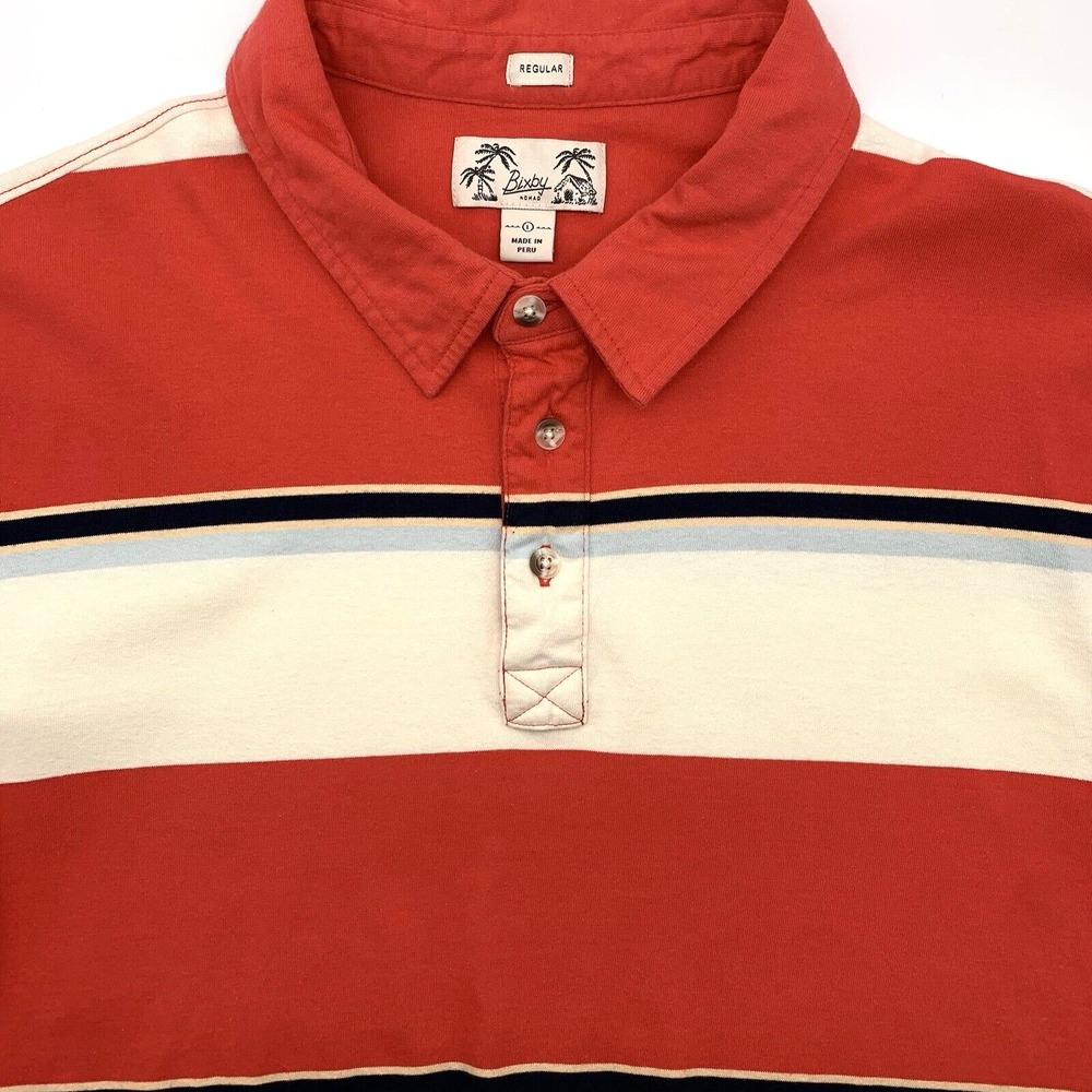 Bixby Nomad Polo Shirt Men Large Red White Striped Short Sleeve Cotton Regular